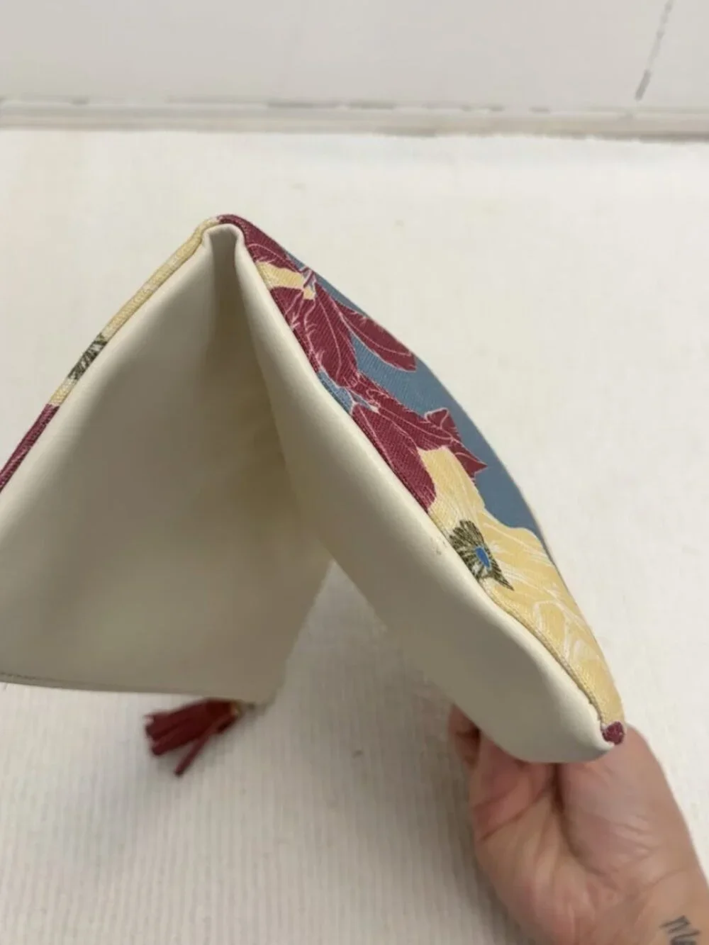 Rachel Pally Floral Print Fold Over Canvas Vegan Leather Tassel Clutch Purse